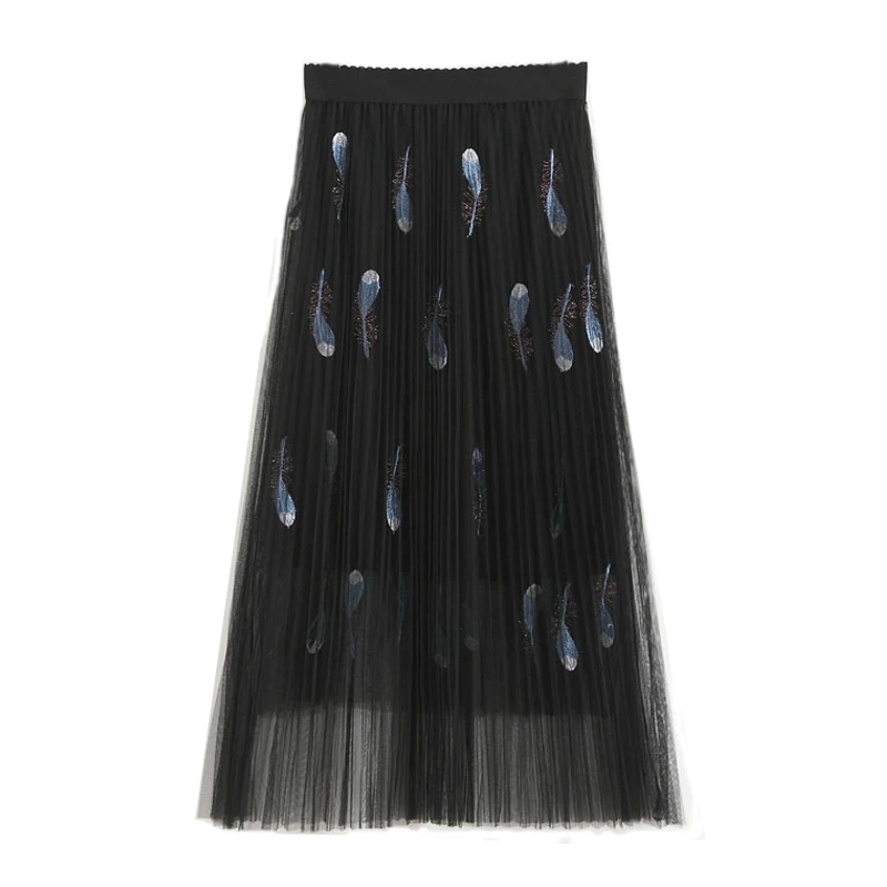 feather black SETWIGG Милая вышитая галактика плиссированная многослойная фатиновая А-Линь Длинная летняя юбка с блестками, звездами, планетами, сетчатые длинные плиссированные юбки - Цвет: feather black