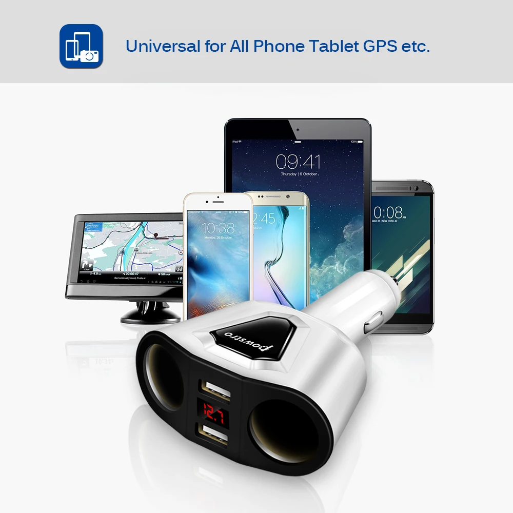 Автомобильное зарядное устройство Powstro 3 1 а с двумя usb портами и 2 розетками для