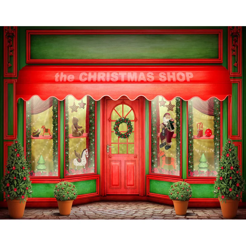 Xmas vinyl cloth Christmas shop red door wallpaper photography backdrops for children family photo studio portrait backgrounds |