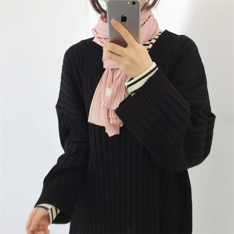 Winter new long sleeved women thicken solid color v collar open fork leisure loose knitted sweater for girls | Женская одежда