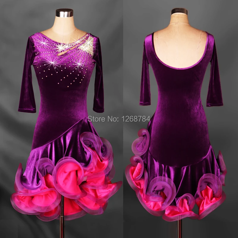 Костюм для латинских танцев платья старших девушек бархатное фиолетовое