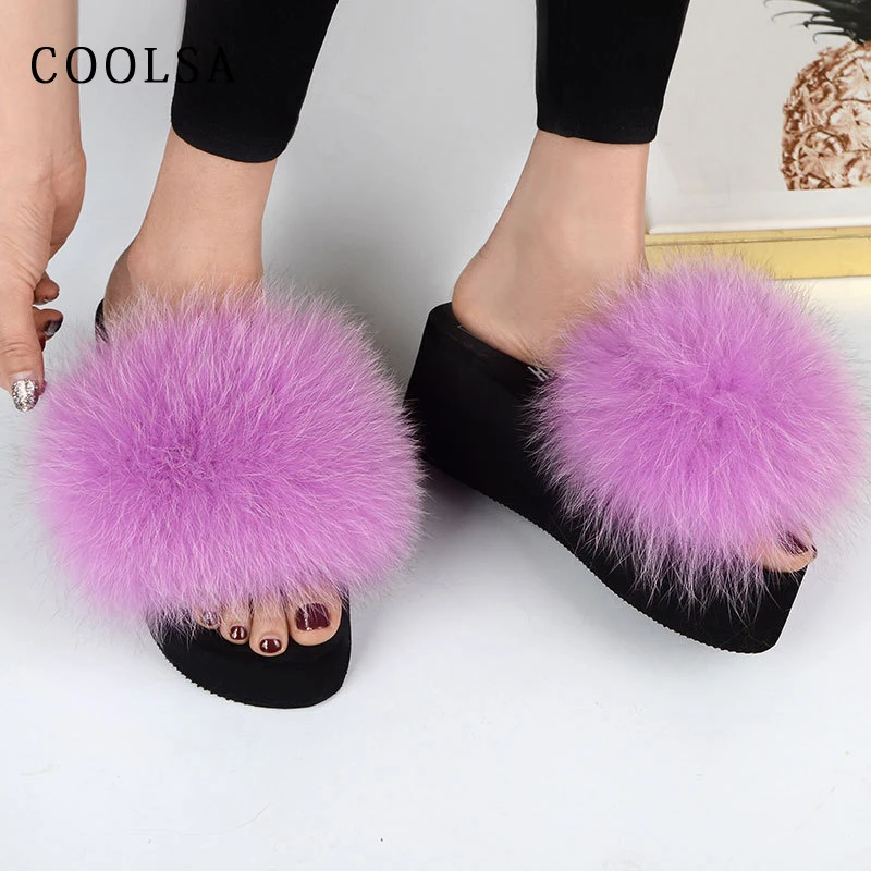 

Fashion Summer Wedge Women Fur Slippers Fluffy Real Fox Fur Slides Soft Platform Shoes Home Slippers Woman Furry Fur Flip Flops