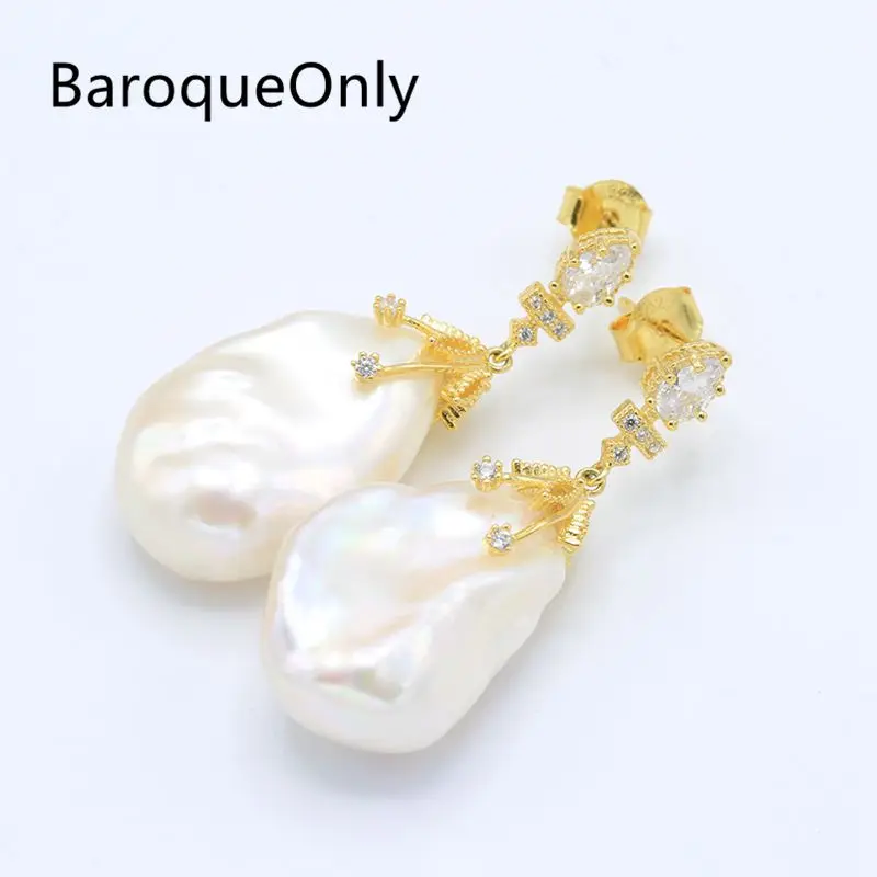 BaroqueOnly, 925 Стерлинговое Серебро, ручная работа, большие жемчужные серьги в стиле барокко, AAAAA, циркон, инкрустированный натуральным пресноводным жемчугом