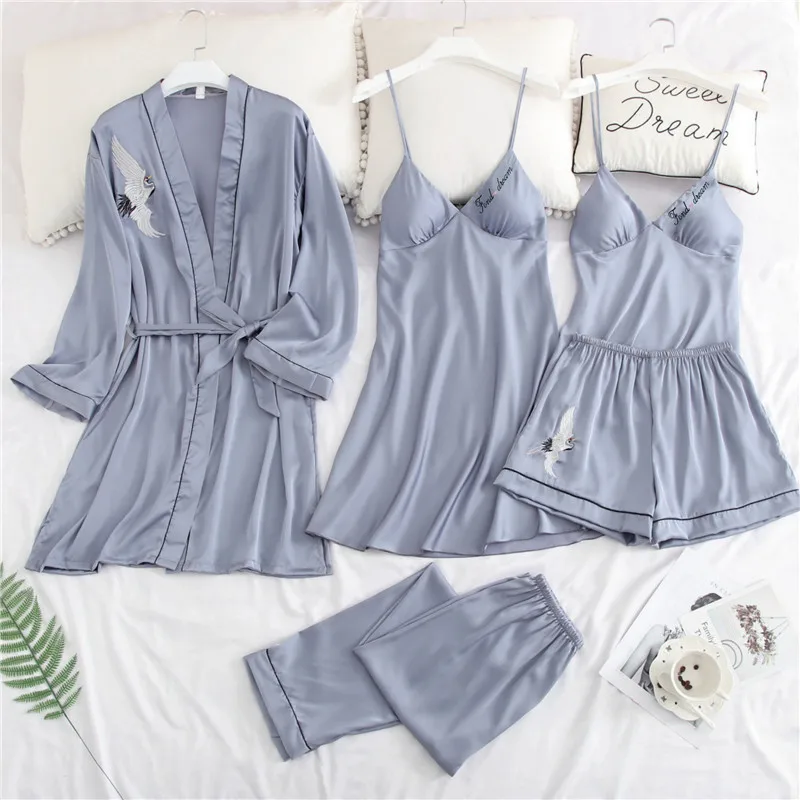 Женская атласная тонкая Пижама комплект из 5 предметов Шелковый домашний костюм