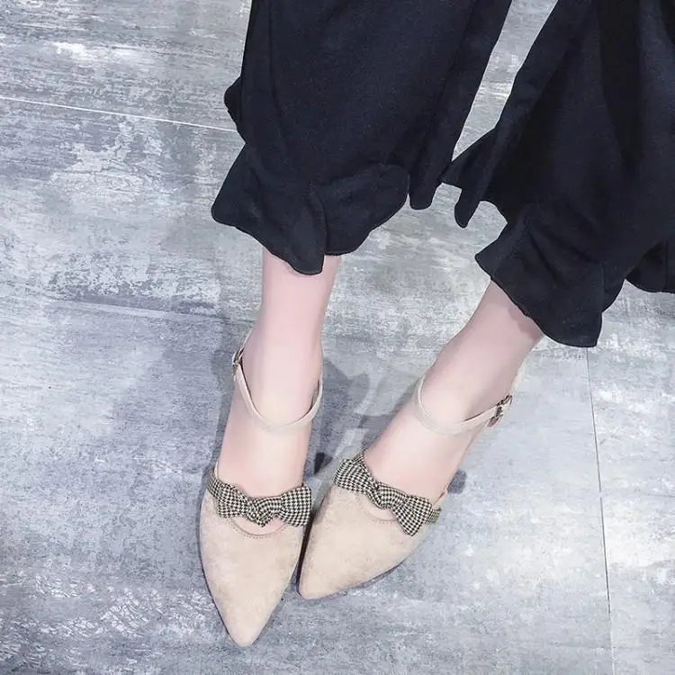 Black Beige Suede Women Sandals Pointed Toe Chunky Heels Gladiators Chic Plaid Bowtie Shoes Woman Cover Mary Janes Cheap | Обувь