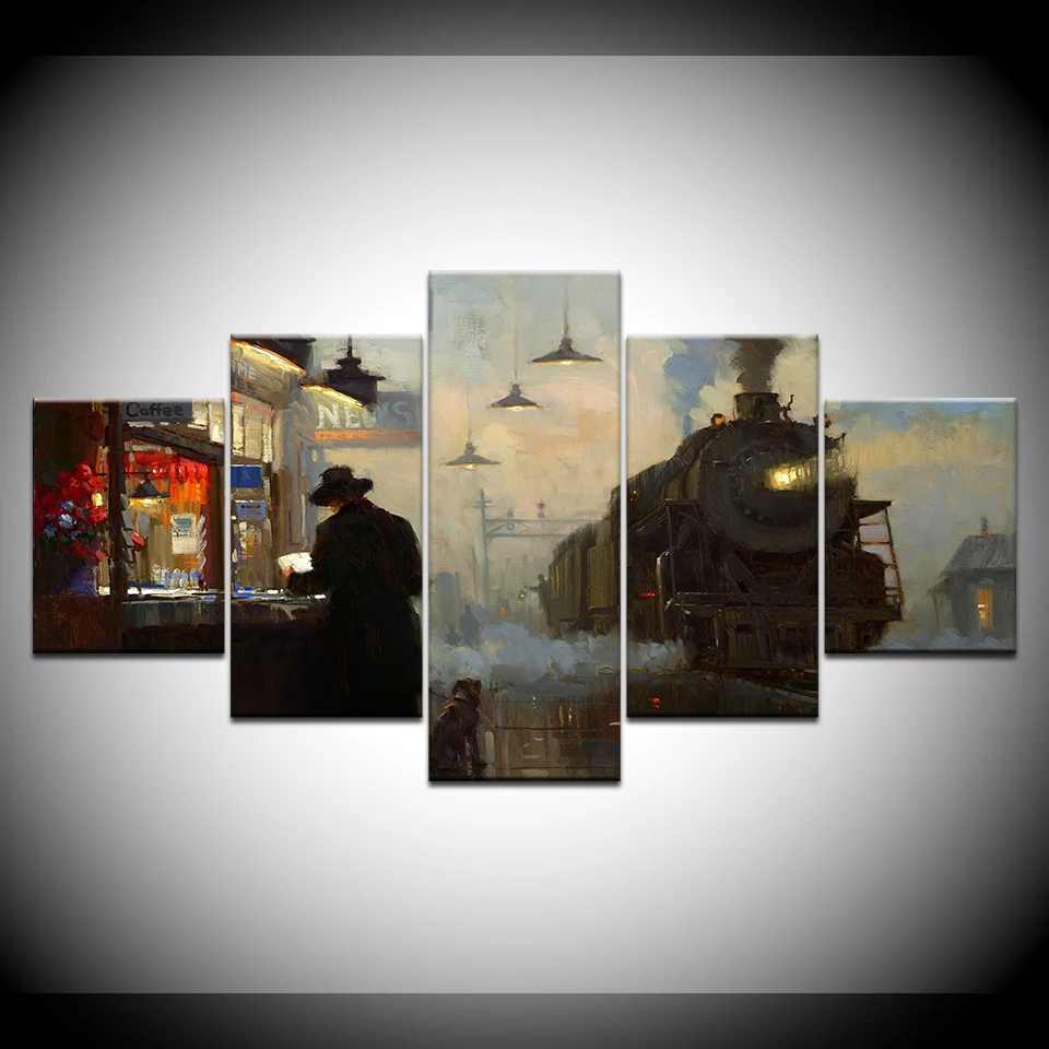 Картина железнодорожной станции художественный поезд 5 шт. обои Художественная
