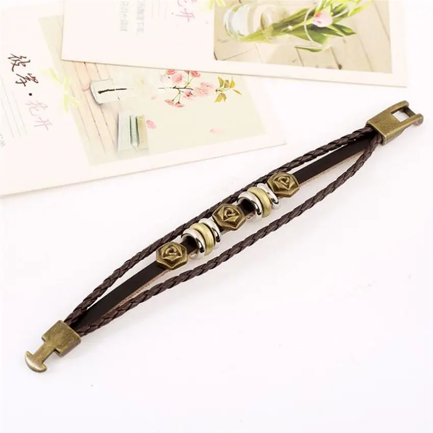 Тройной золотой розовый амулеты Плетеный темно коричневый кожаный браслет для