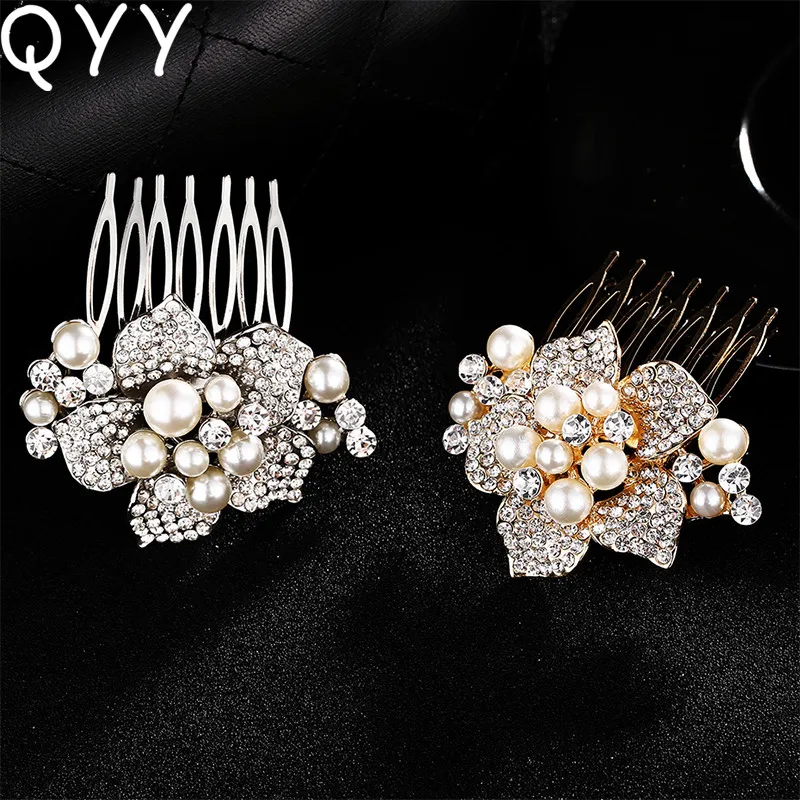 

QYY Fashion Flowers Pearls Bridal Hair Comb Zinc Alloy Rhinestone Hair Jewelry Wedding Hair Pins Tiara for Women