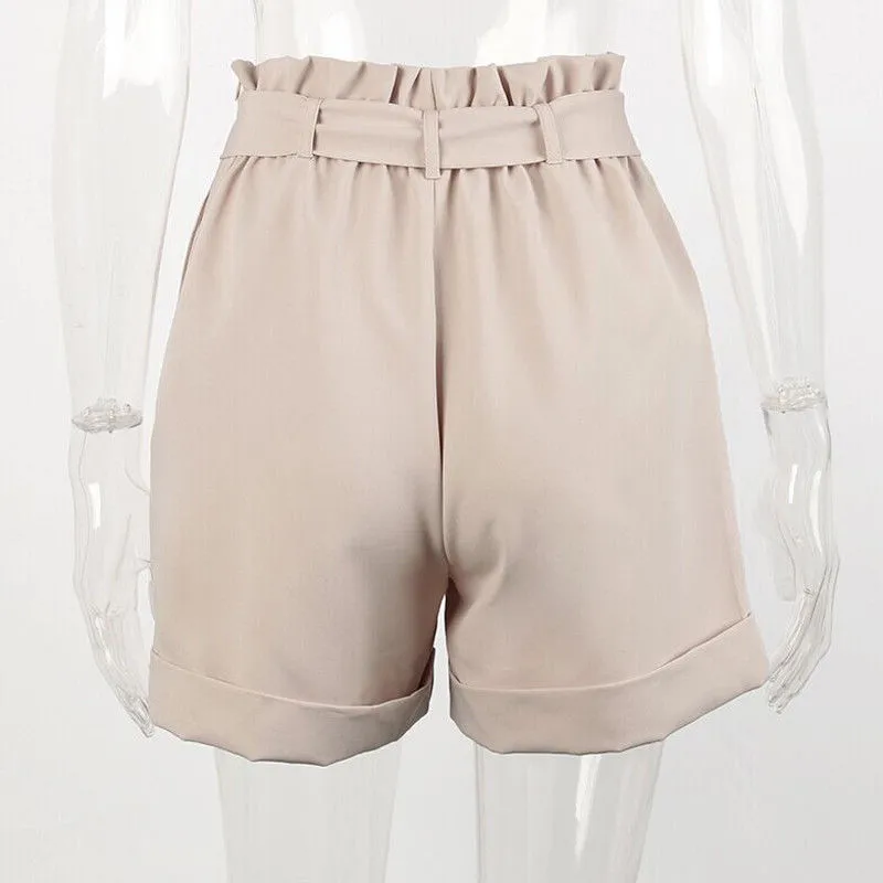 Высокая талия с поясом однотонные шорты для женщин Твердые широкие голени
