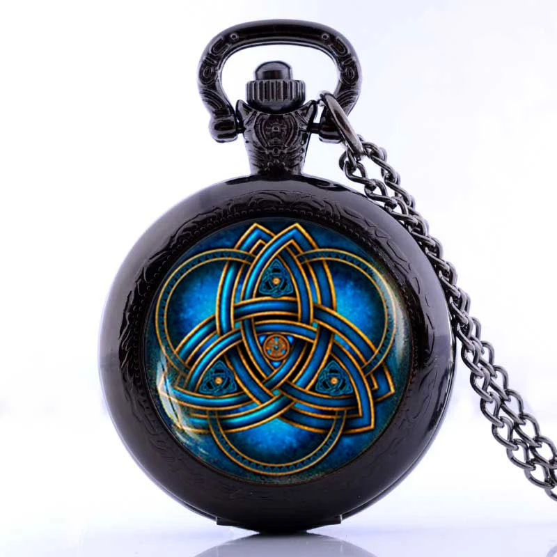 Модные Ретро Синие карманные часы Triquetra ожерелье для женщин и мужчин кварцевые