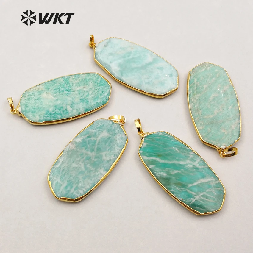 WT-P1192 WKT hurtownia niestandardowy atrakcyjny amazonit kamień sześciokątny ozdobiony złotym wykończeniem naturalny jasnozielony wisiorek dla