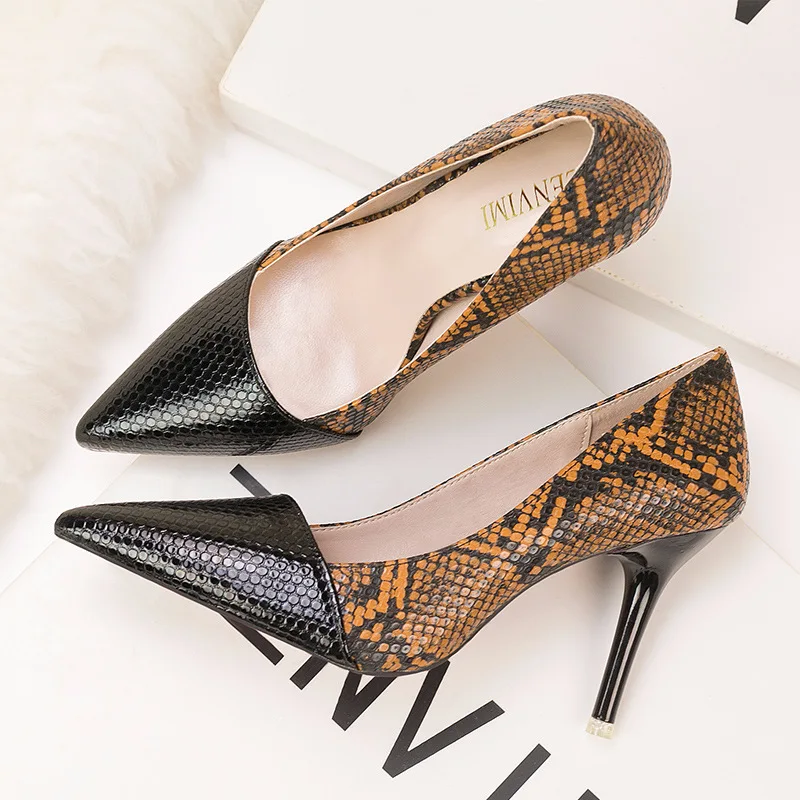 

RUIDENG women sexy high heel pumps night club queen fashion shoes Snakeskin pattern slip on party shoes lady pointed toe