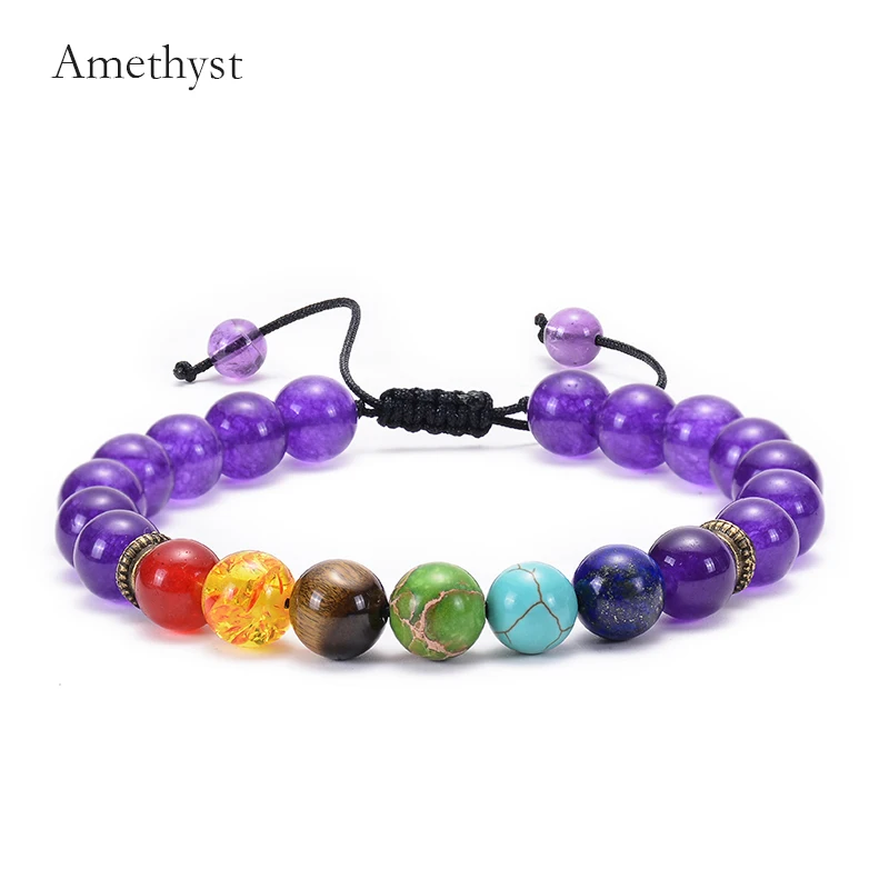 Amethyst 7 Чакра браслет для мужчин Wome Lava Rock Ароматерапия Эфирные масла диффузор браслет плетеный натуральный камень Бусины В Стиле Йоги браслеты - Окраска металла: Amethyst