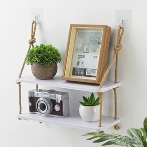 Деревянная подвесная полка, раскачивающиеся веревочные полки, 2 уровня, настенная витрина на джутовой веревке, стеллаж для детской комнаты, магазина одежды