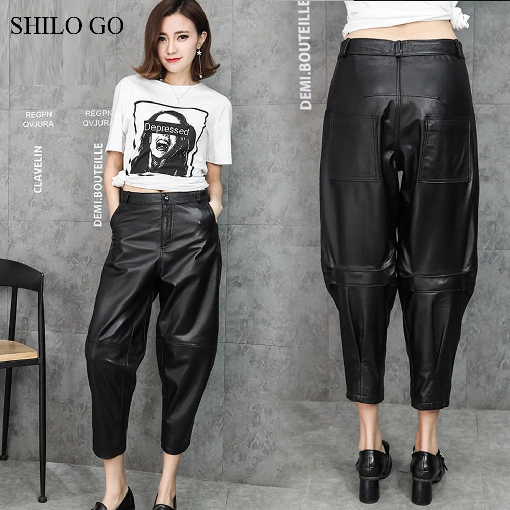 SHILO GO кожаные брюки женские осенние модные овчины штаны из натуральной кожи на пуговицах на молнии черные лаконичные свободные шаровары