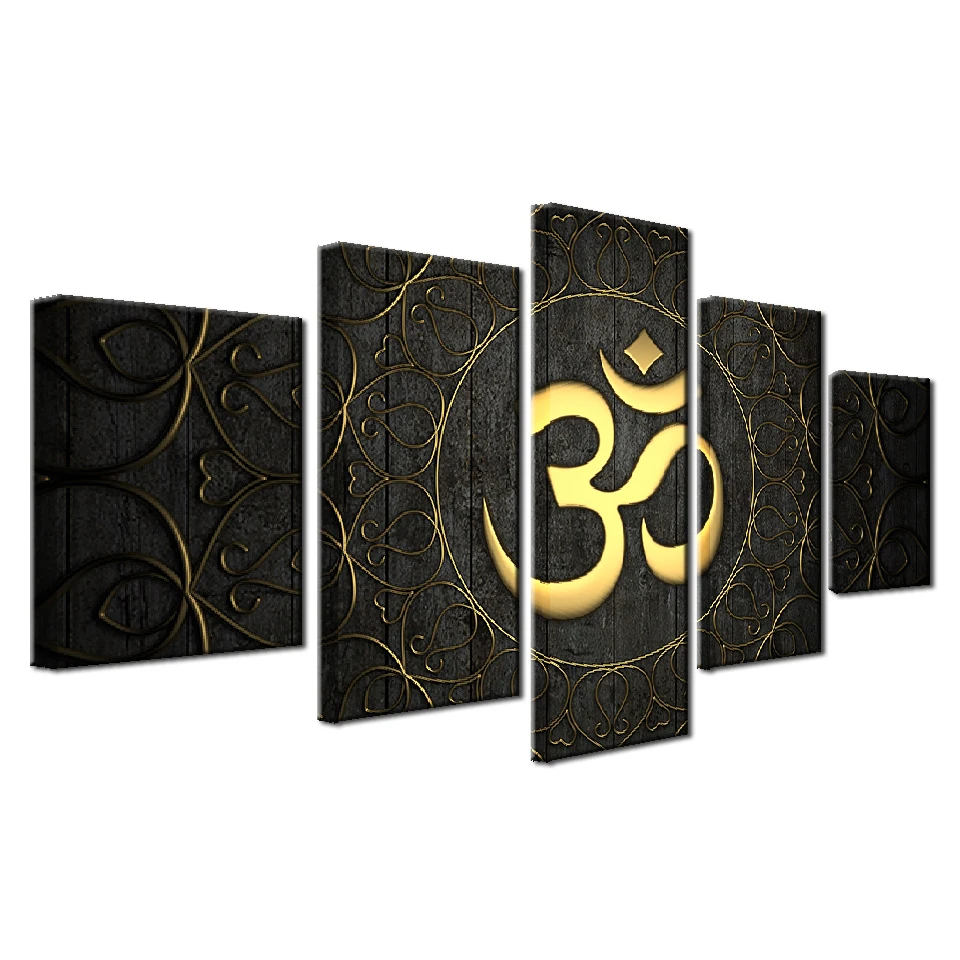 

Canvas Paintings Living Room Home Decor 5 Pieces Buddha OM Yoga Poster HD Print Golden Symbol Abstract Pictures Wall Art Framed