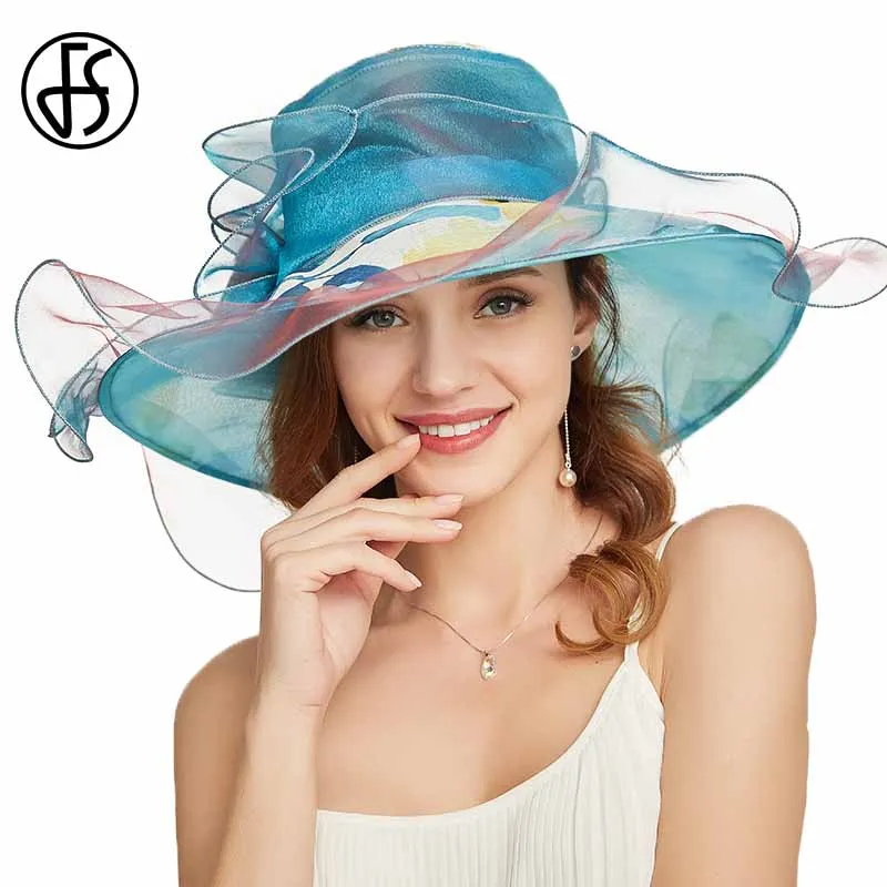 Женская шляпа FS летняя из органзы с широкими полями золотые фиолетовые вечерние |