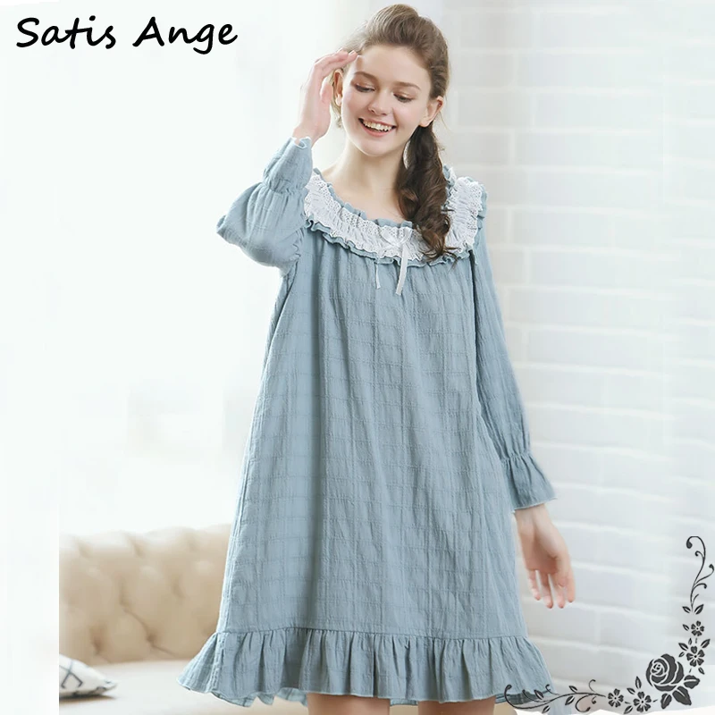 Satis Анж хлопковая ночнушка Flare рукавом Кружева бантом на шее труба блудниц ночь