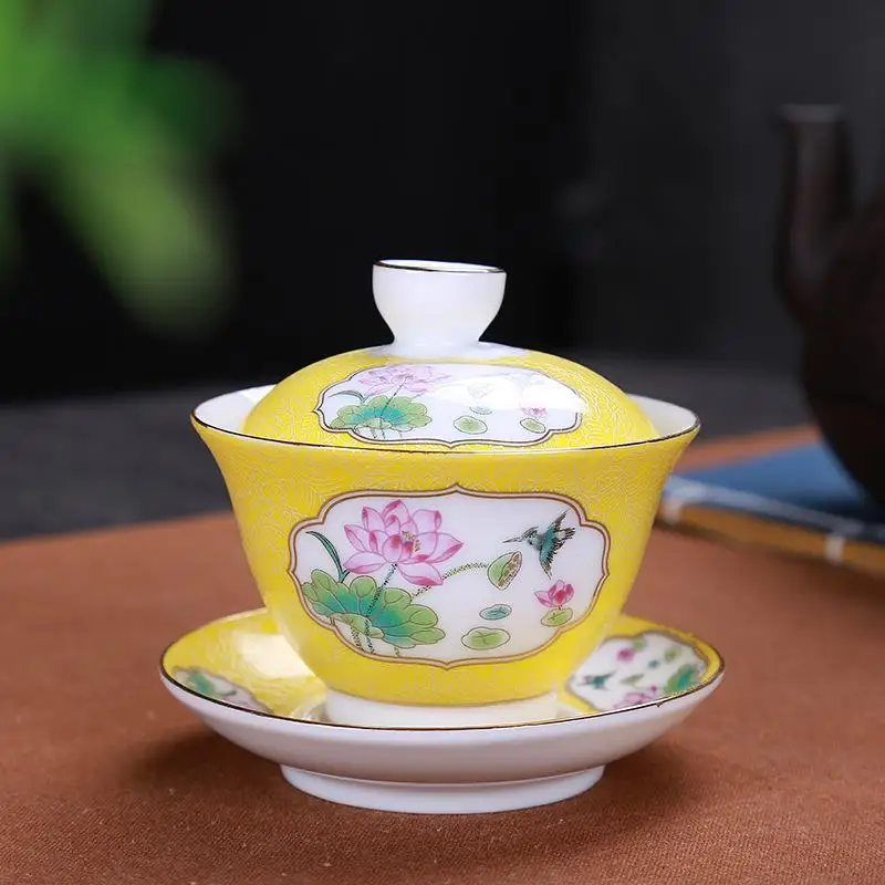 yellow Керамический чайник Gaiwan, чайная чашка, китайские чайные наборы кунг-фу чайная чашка для путешествий, кухни, столовой, бара, чайная посуда, аксессуары для дома - Color: yellow