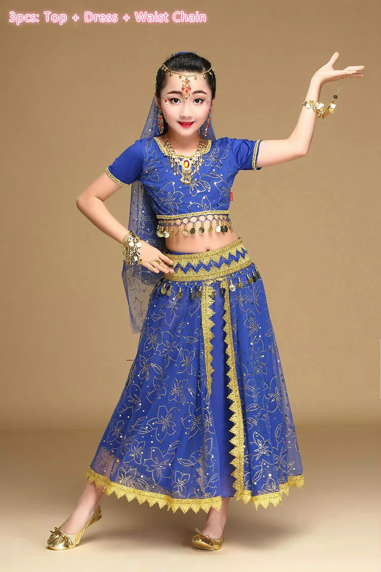 3pcs dark blue Детские восточные болливудские танцевальные костюмы, комплект, индийское танцевальное платье, костюм, костюмы для девочек, танец живота, одежда для выступлений - Цвет: 3pcs dark blue