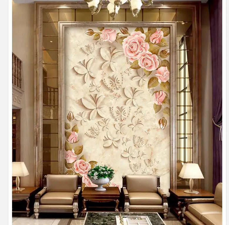 3d настенные фрески обои Мраморный Рельеф вход в розовая фоновая стена на заказ