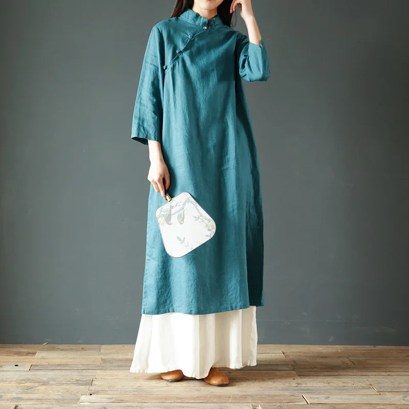 Green SCUWLINEN, весенне-летнее платье в винтажном китайском стиле, воротник-стойка, три четверти, улучшенное платье Чонсам S508 - Цвет: Green