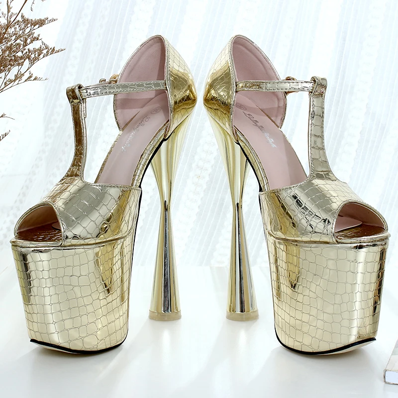 LLXF zapatos/Большие размеры: 34-42, 43, летние золотистые босоножки с Т-образным ремешком пикантная обувь на тонком высоком каблуке 20 см для ночного клуба женские туфли-лодочки на шпильке