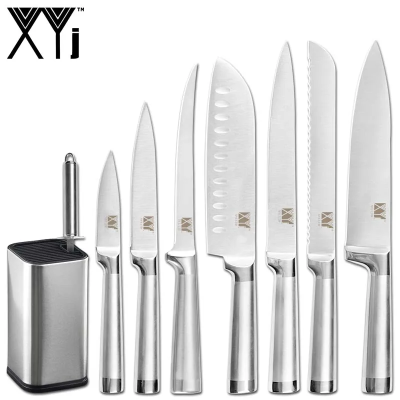 A.9pcs set XYj, набор кухонных ножей из нержавеющей стали, шеф-повара, обвалка для хлеба, Santoku, нож для очистки овощей, точилка, 8 дюймов, подставка для ножей - Цвет: A.9pcs set