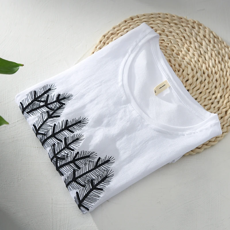 Summer t shirt men causal cotton linen short sleeve tops tee Embroidery tree round neck tshirt man Comfortable clothing 254 | Мужская
