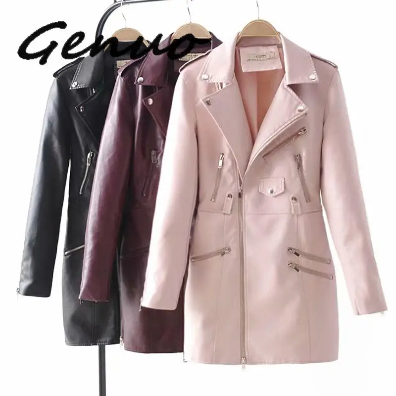 Куртка женская облегающая из искусственной кожи с длинным рукавом 2019|Женские