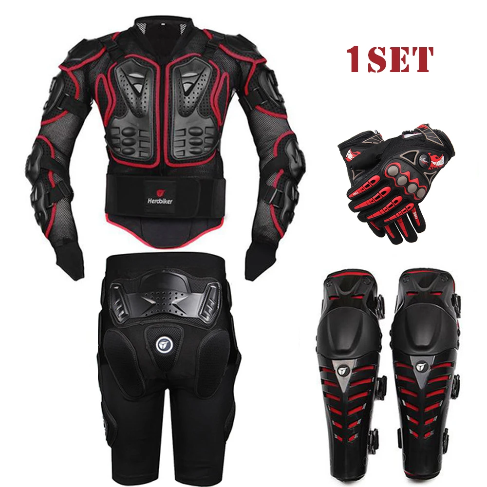 HEROBIKER мотоциклетная куртка защитная Экипировка для мотогонок+ Экипировка s Короткие штаны+ защита от колена+ мото перчатки - Цвет: red set