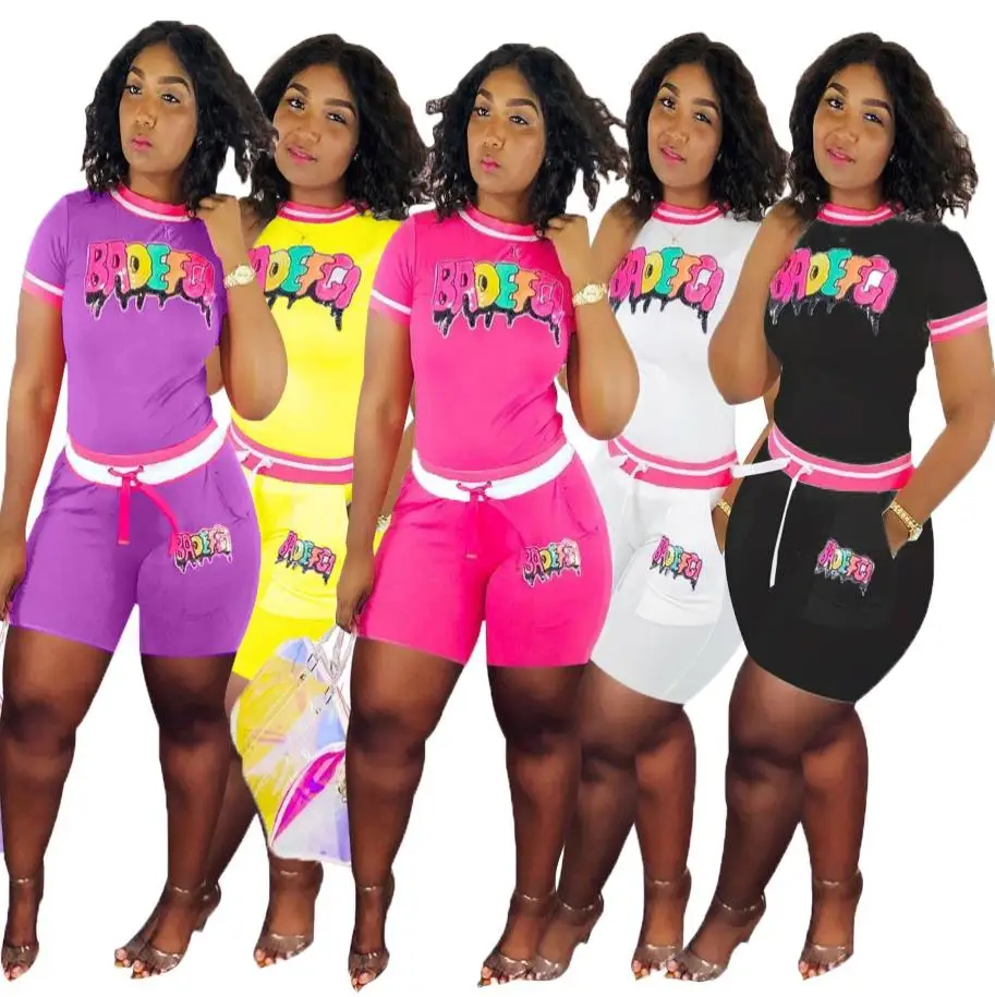 2019 новый женский костюм с буквенным принтом и блестками круглым вырезом коротким