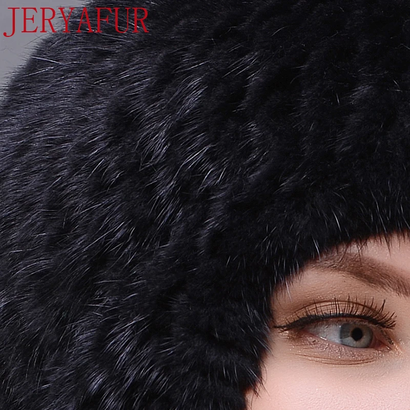 

JERYAFUR Black Natural mink winter fur hat fox fur ball ladies fashion knit brand casual warm hat woman Skullies Beanies