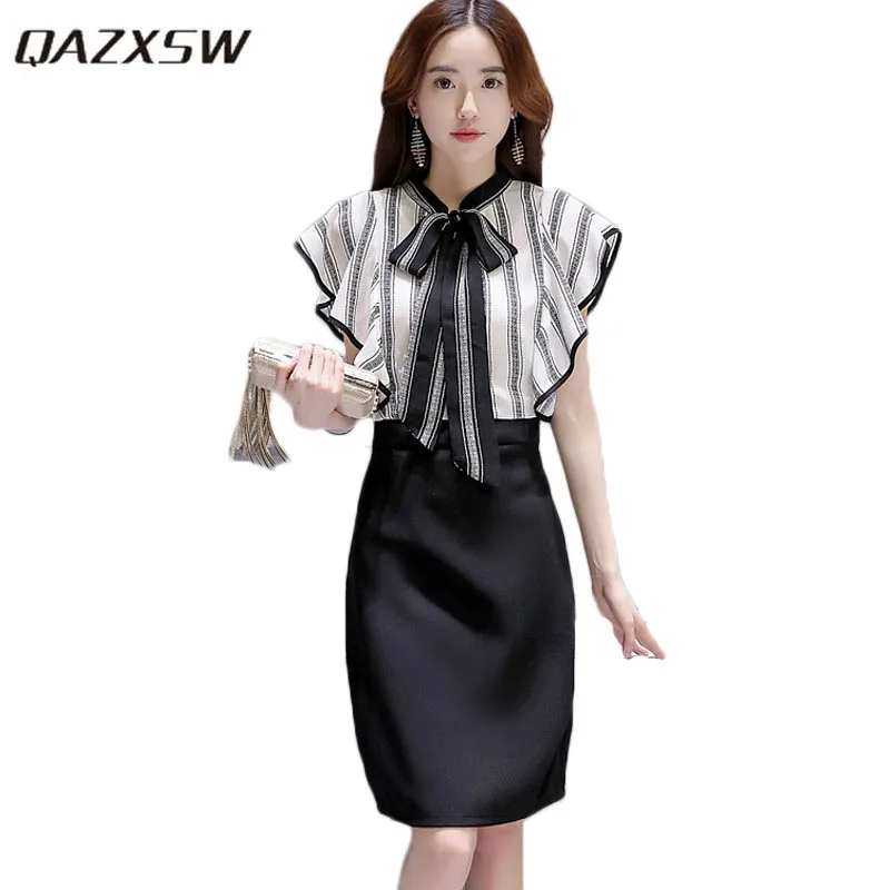 

QAZXSW 2019 New Spring Summer Office Dress For Women Formal Dress Plus Size Striped Ladies Party Dress Vestidos Feminino HB672