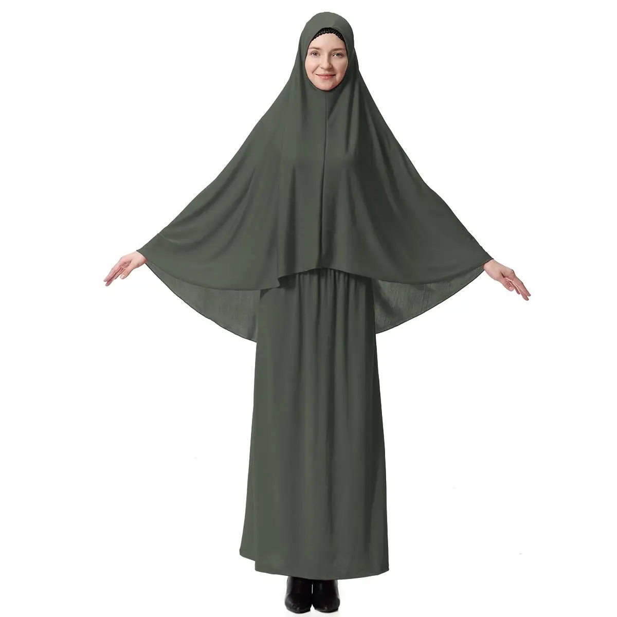 Olive Green 2 шт. мусульманское женское платье абайя джилбаб ислам молитва длинный шарф хиджаб арабский Макси химар Umrah юбка одежда Рамадан Ближний Восток - Цвет: Olive Green
