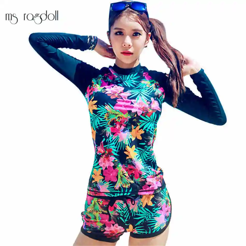 Женский купальник с цветочным принтом длинным рукавом плюс размер бикини