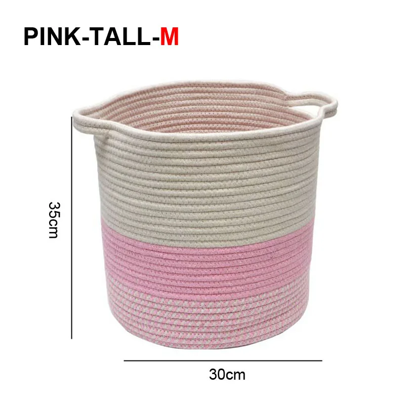 pink-tall-M Корзина для белья ручной работы из натурального хлопка для игрушек, органайзер для грязной одежды, корзина для белья, корзина для пикника, корзина для велосипеда - Цвет: pink-tall-M