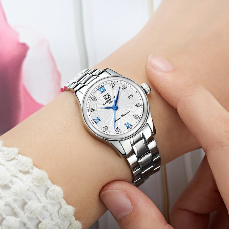 

Carnival Stainless Steel Quartz Watch Women 30M Waterproof Clock Ladies Top Brand Luxury Watches Galendar Wrist Watch kol saati