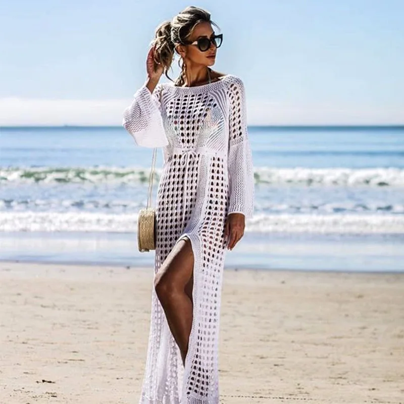 2019 Новое вязаное женское платье туника длинное высокое качество парео халат