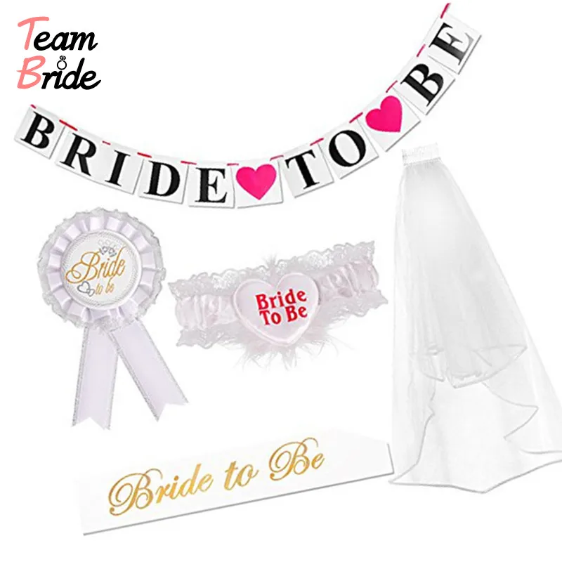 

Team Bride 1 Set Wedding Bride To Be Banner White Rosette Mantilla Badge Sash Garter Veil Hen Night Party Holiday DIY Decoration