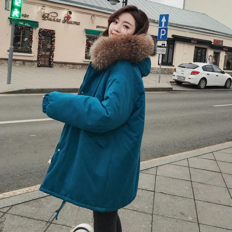 Женское пальто с капюшоном и воротником из меха енота теплая парка подкладкой