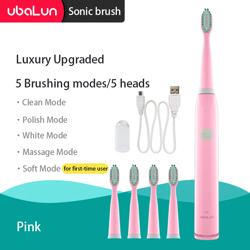 Pink 5 modes 5 heads UBALUN Электрический Зубная щётка 5 режимов зубная щетка электрическая перезарядки зубные электрическая щетка 8 сменная насадка для Sonic Зубная щётка - Цвет: Pink 5 modes 5 heads