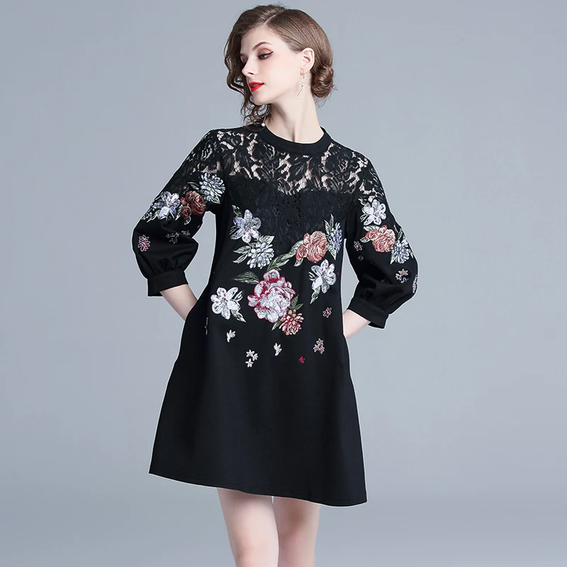 Осеннее свободное кружевное платье с вышивкой Vestidos Casuales Mujer женское платье уличная одежда Robe Moulante K6215