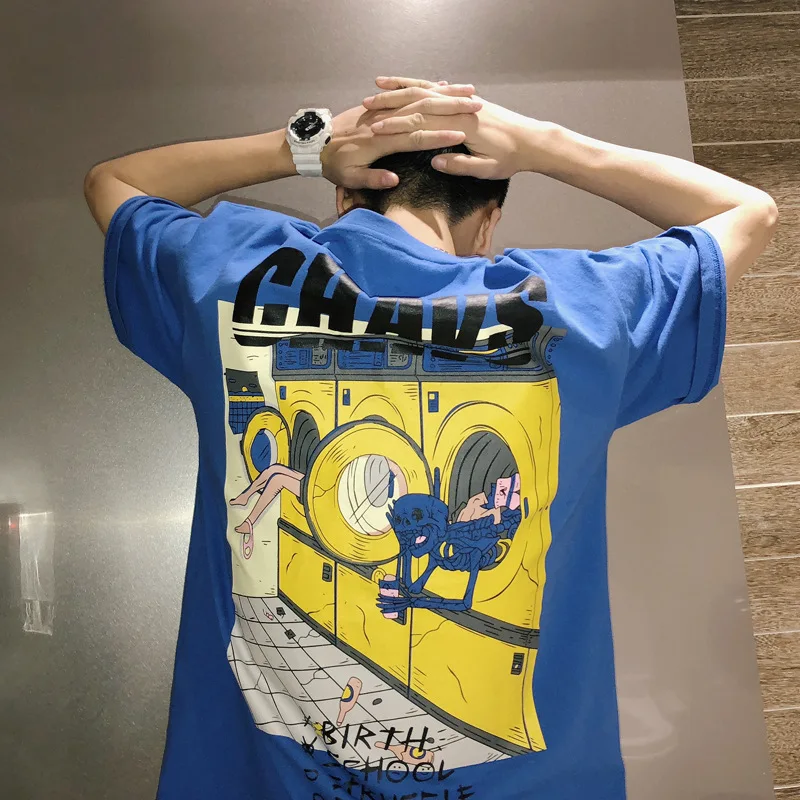 Летняя футболка в стиле Харадзюку Повседневная гонконгском с мультяшным принтом