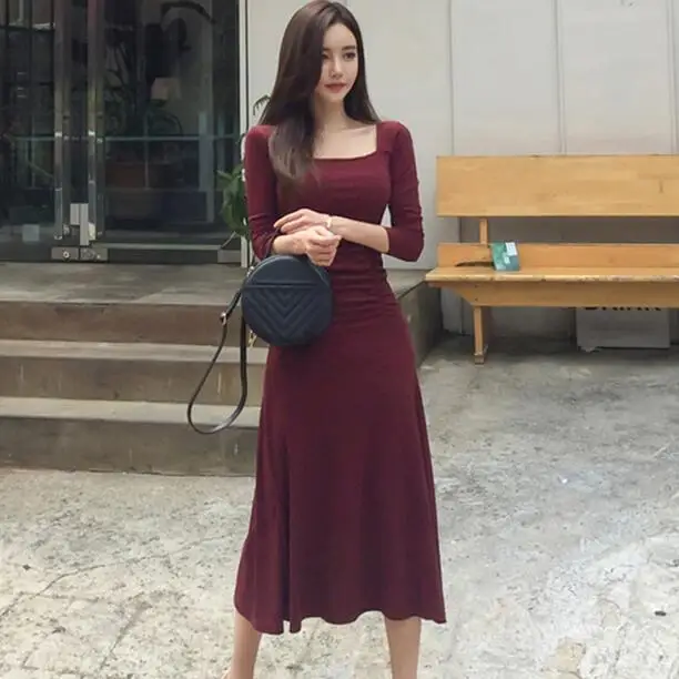 Women New Elegant Red Square Collar Slim Long Midi Dress Bodycon Formal Party Office Lady Autumn Spring 2019 DC865 | Женская одежда