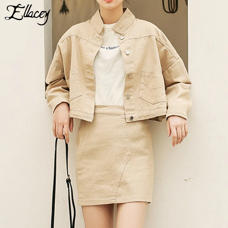 Ellacey/Весенняя джинсовая куртка цвета хаки Комплект с юбкой Женская хлопковая