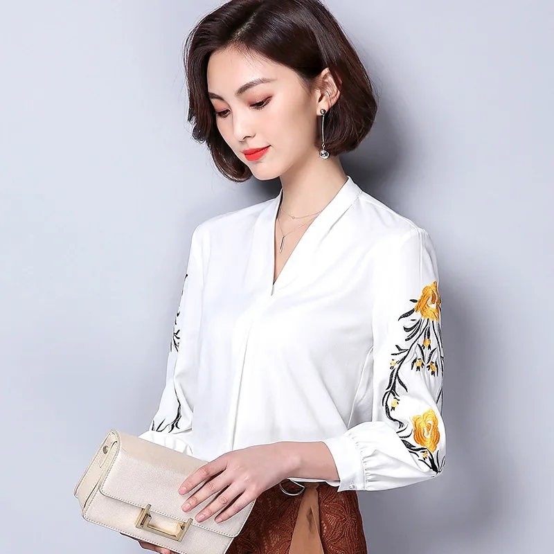 Chiffon Blouses Women Simple Long Sleeve Spring Autumn New Shirts Office Ladies V-neck Embroidered Casual Tops Clothes H9041
