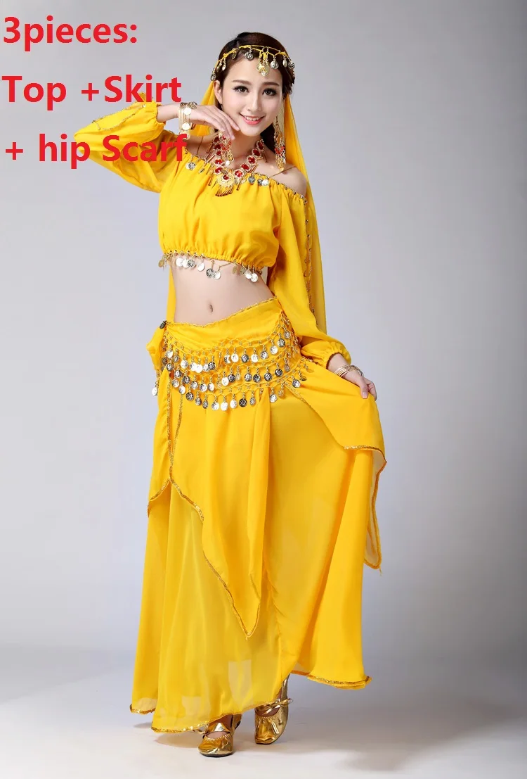 Yellow3pcs Болливуд танцевальный костюм s женский набор костюма для танца живота размера плюс хип шарф Блестки Пояс бюстгальтер Топ Профессиональный платья Танец живота - Цвет: Yellow3pcs