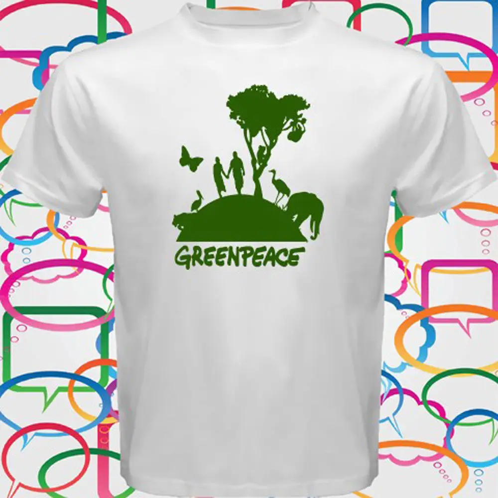 Мужская белая футболка Greenpeace Go зеленая с символическим логотипом модная