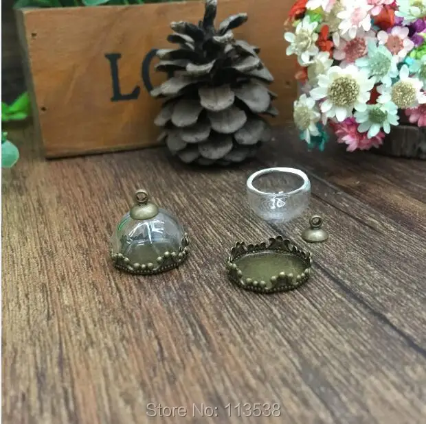 100sets/lot 15mm half glass dome setting tray set vial pendant jewelry globes necklace pendants bronze plated | Украшения и